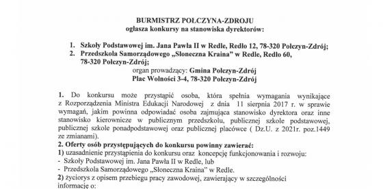 Burmistrz Połczyna-Zdroju ogłasza konkursy na stanowiska dyrektorów 