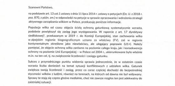 Odpowiedź z Ministerstwa Klimatu i Środowiska na petycję dotyczącą opracowania i wdrożenia strategii aktywnego zarządzania wilkiem w Polsce