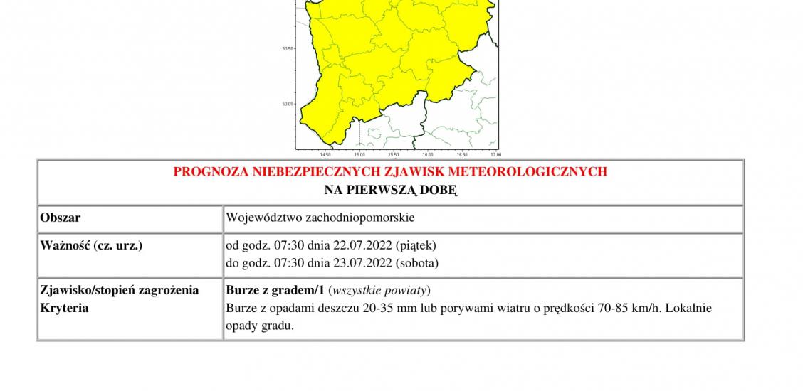 Prognoza niebezpiecznych zjawisk - województwo zachodniopomorskie 22-26.07.2022