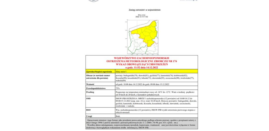 OSTRZEŻENIE METEOROLOGICZNE- KOMUNIKAT Z DNIA 14.12.2022