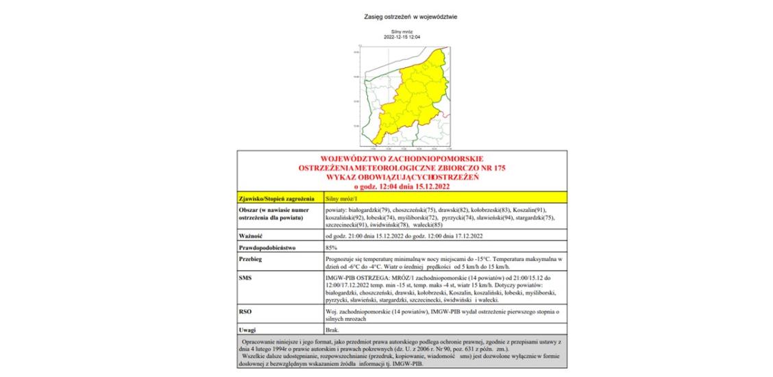 OSTRZEŻENIE METEOROLOGICZNE 15.12.2022