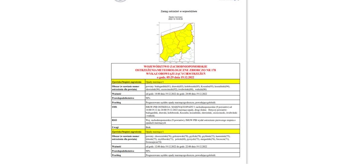 Ostrzeżenie meteorologiczne 19.12.2022