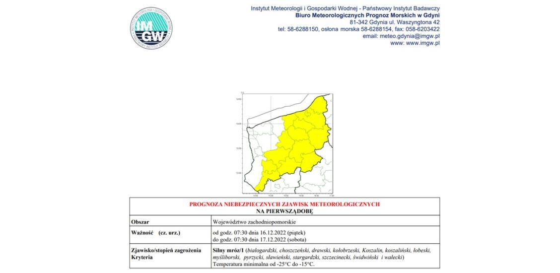 Ostrzeżenie meteorologiczne 16.12.2022
