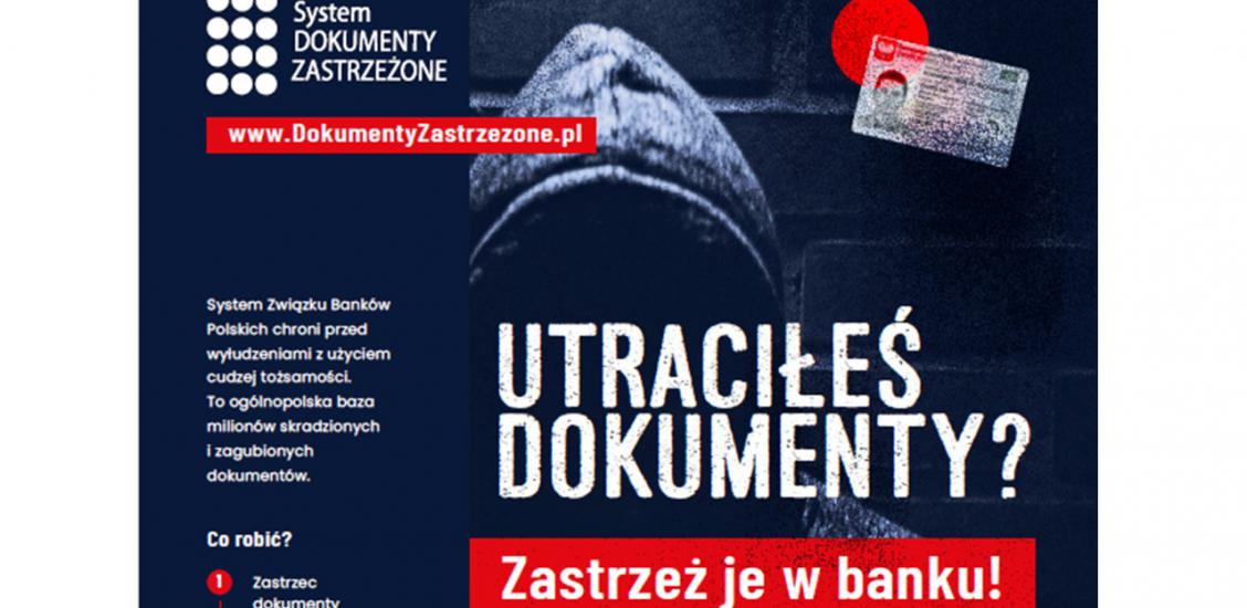 Utraciłeś dokumenty? Zastrzeż je w banku!- plakat informujący